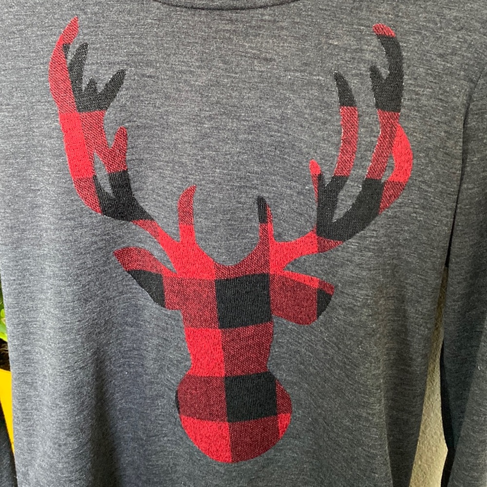 Charcoal Gray Reindeer Red Plaid Long Sleeve Tee